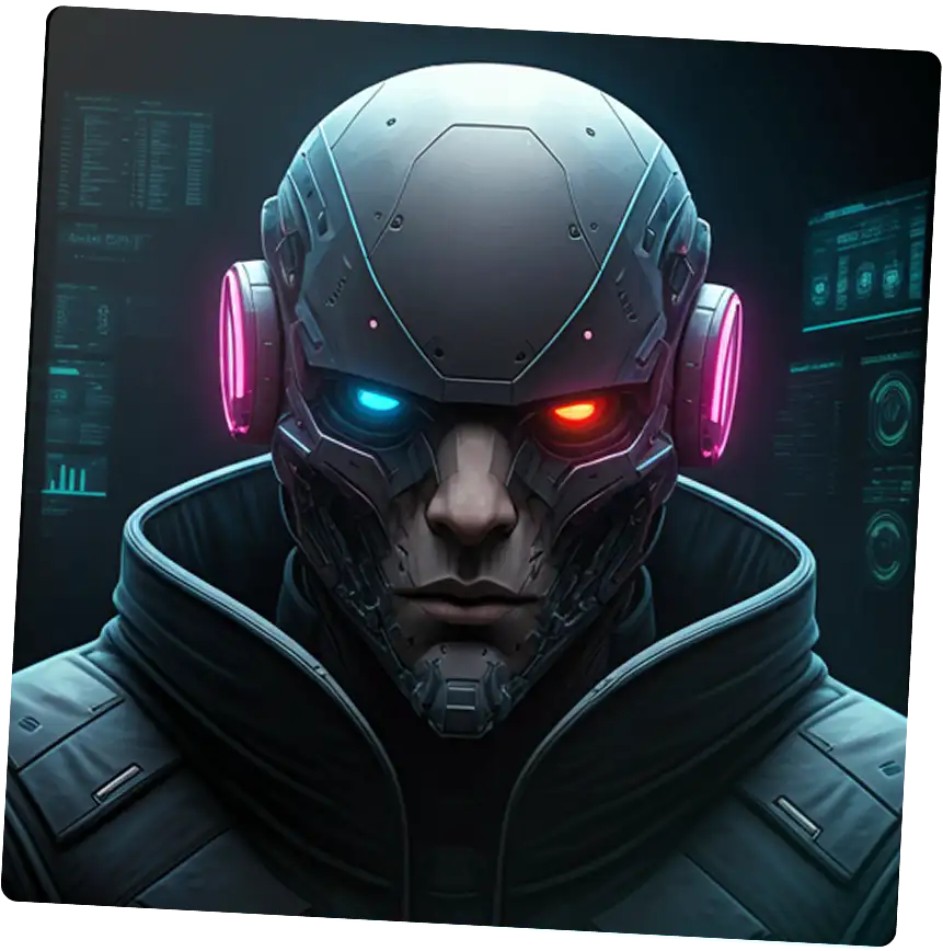 Un ritratto in stile cyberpunk di un cyborg o soldato futuristico con occhi luminosi, uno blu e uno rosso, e cuffie al neon.
