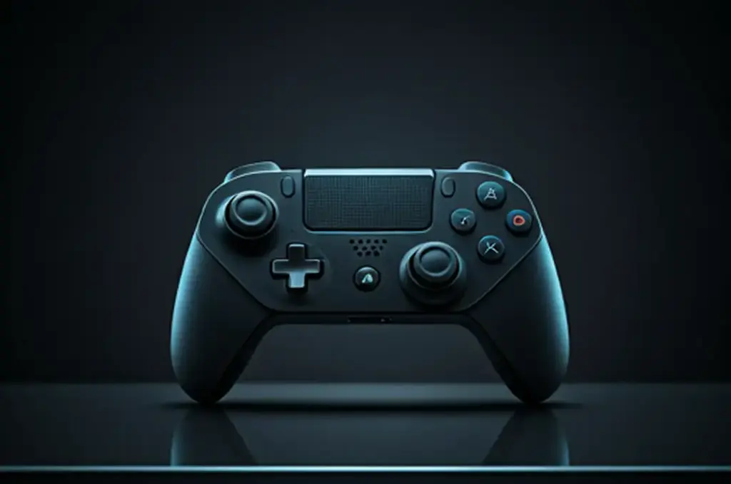 Un controller di gioco o gamepad nero dal design moderno posizionato su una superficie riflettente con uno sfondo scuro.